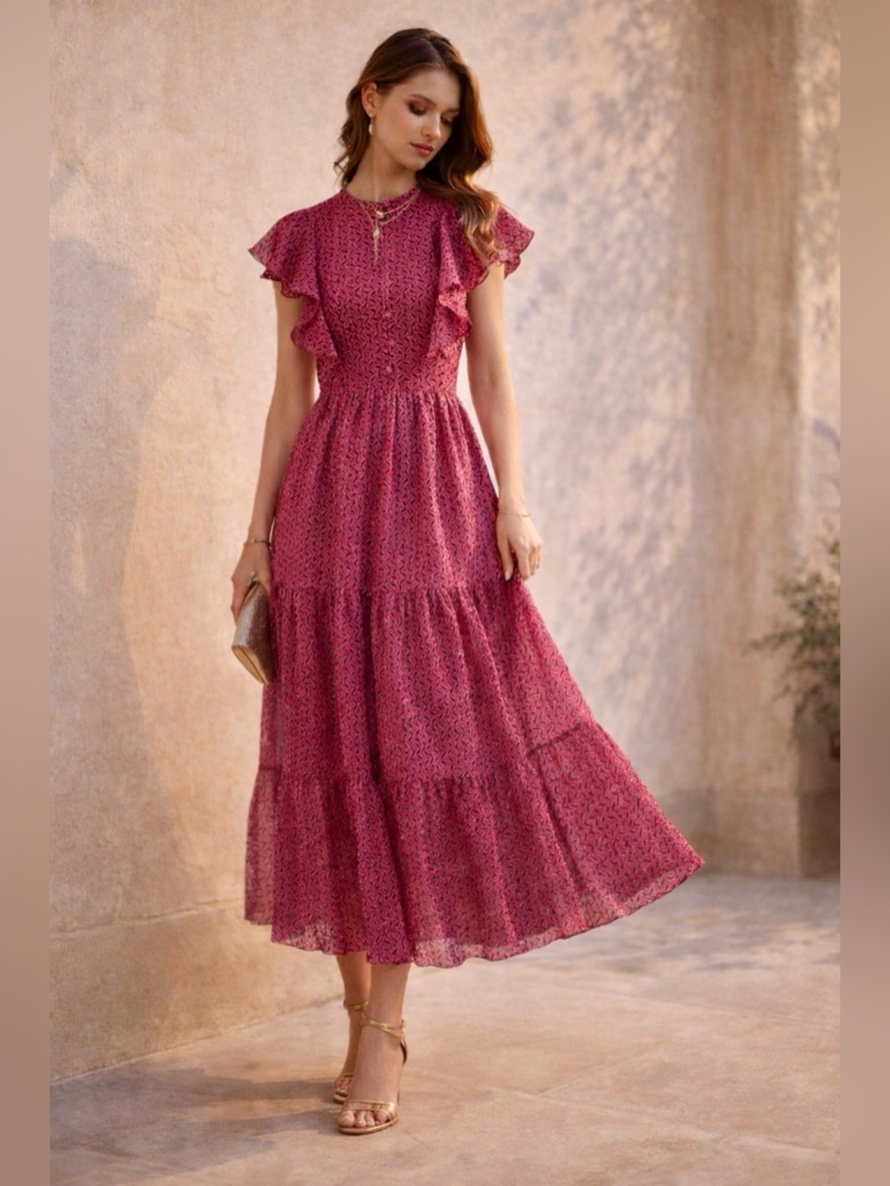 Sabina Musáyev Riviera Pink Tiered Printed Maxi Dress Size M - Picture 2 of 16